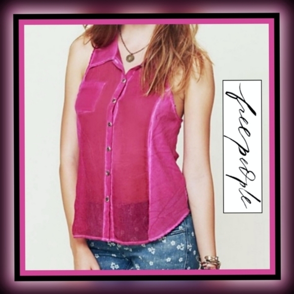 Free People Button Down Top – Rich Pink, Sheer Seam Stripes, Sleeveless Collared - Picture 7 of 10